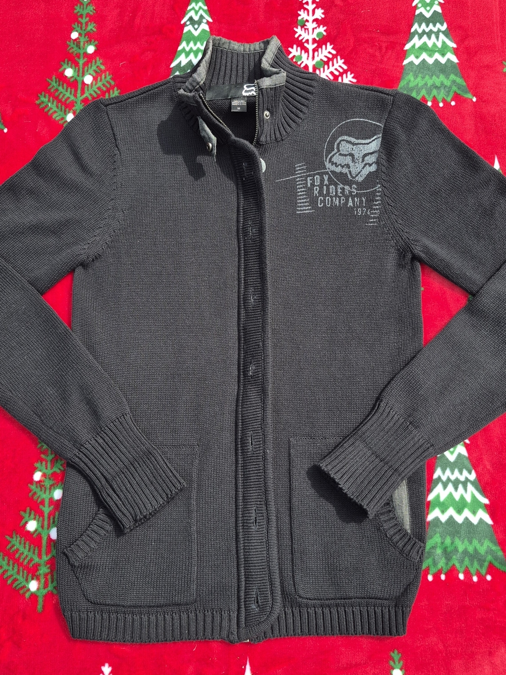 Fox Racing Vintage Black Ribbed Zip-Up Knit Sweater Jacket Size M